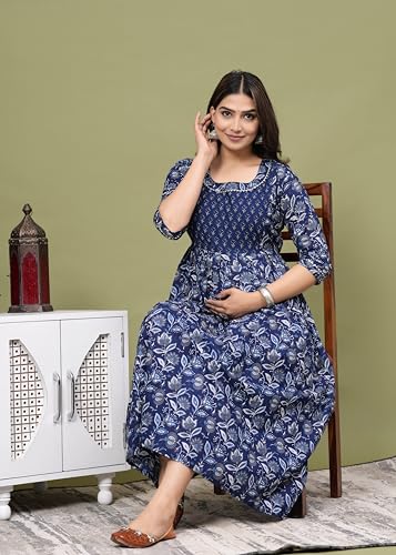 Image of Women's Feeding Kurta Cotton | Floral Anarkali Pregnancy Kurta with Nursing Zipper | Pre & Post Partum | Maternity Dresses | Mom to Be Gift