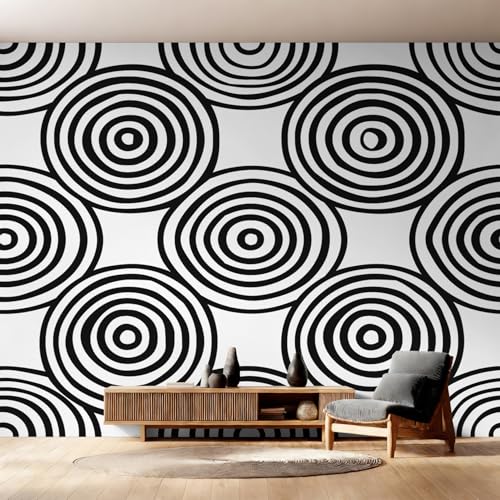 Genérico Papel Pintado Círculos Concéntricos, Papel Pintado Tejido no Tejido Geométrico Moderno Blanco y Negro para Salón y Dormitorio, Decoración de Pared, 250x175 cm