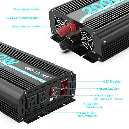Egscatee 2000W Pure Sine Wave Power Inverter 12V Dc To 110/120V Ac Converter For Car, Truck, Home, Vehicles,Boat, Car Charger Adapter 12V To 110V With Built-In 2 Ac Outlets, Usb Ports, Lcd Display #TOP5