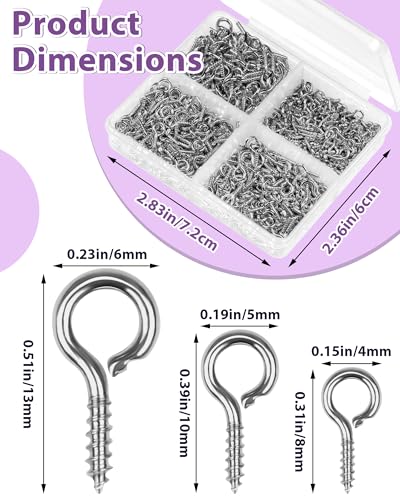 320pcs FIVEIZERO Stainless Steel Small Screw Eye Pins for Jewelry Making & DIY Crafts, Mini Eyelet Screws for Art Projects & Bead Charms, Tiny Eye Hooks & Screw Eyes for Crafts (Silver,3 Sizes)