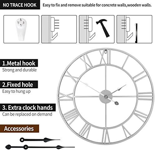 1St Owned Large Wall Clock Silent Non-Ticking Roman Numerals Vintage Battery Operated (24 Inch,18Inch,16Inch) Farmhouse Wall Clock For Living Room, Bedroom, Kitchen, Cafe Decor-Silver 40Cm #TOP4