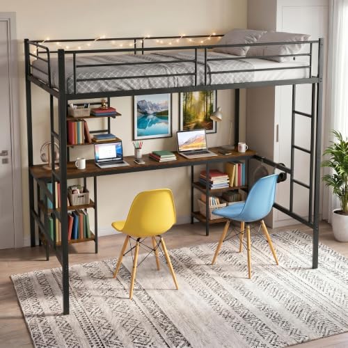 DORAFAIR Cama Alta 140x200 cm con Escritorio y Estantes, Cama Alta Doble de Metal con Escalera y Barandilla de Seguridad, Cama Tipo Loft con Almacenaje para Dormitorio Juvenil, Adulto, Negra