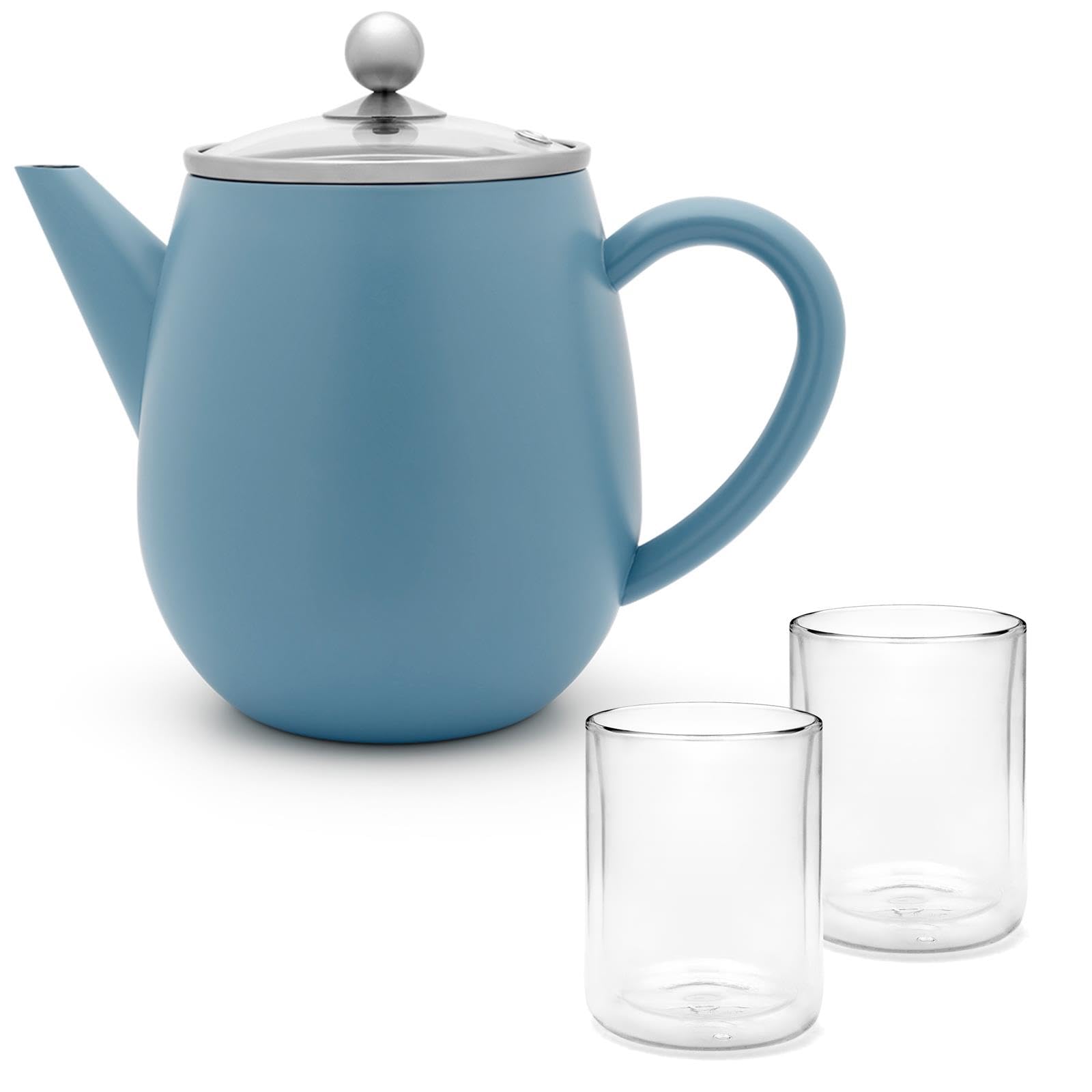 Bredemeijer Teekanne 1.1 Liter blau - doppelwandige Edelstahlkanne Set mit Glasdeckel & 2 isolierende Teegläser je 290 ml