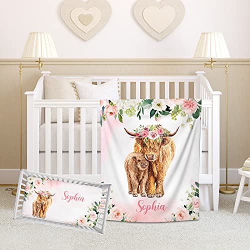 Personalized Baby Crib Bedding Sets for Baby Girls, Custom Floral Cow Baby Girl Crib Bedding Set with Name, Nursery Bedding, 2 Piece Bedding Sets, Name Crib Comforter, Crib Fitted Sheets for Babies
