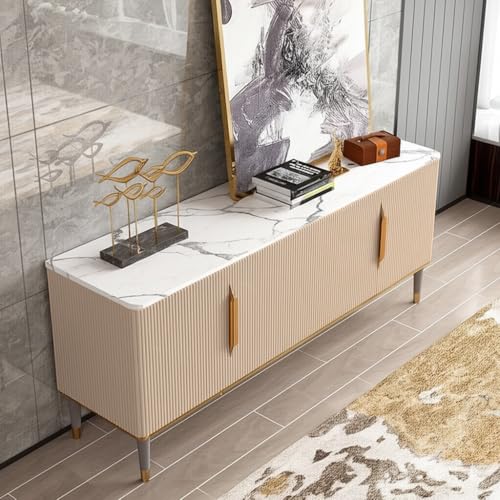 Image of Sonic Console Table, White Marble Top, Charcoal Louvers, Gold Accents, 66 x 15 x 22 Inch, Modern Entryway Storage Cabinet, Waterproof Plywood, PVD-Coated Legs, Elegant TV Unit (Ivery)