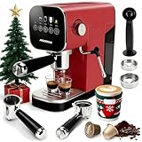 Aigostar Espresso Siebträgermaschine, Kompatibel mit Kapseln & Bohnenkaffee, 0,9L, 1350W, 20 Bar Druck, LCD-Touchscreen, Milchaufschäumer, Edelstahl, Kaffeemaschine Klein für Haushalt & Büro - Rot