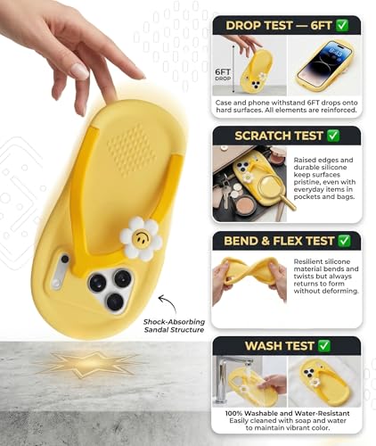 Image of amazon basics 3D Flip Flop Design Silicon Back Cover for iPhone 17 Pro Max - Slipper Shape Soft Case with Smiley Daisy Flower, Shockproof Protection, Cute & Funny Aesthetic Case for Girls & Women