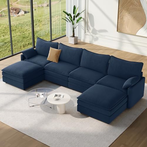 Image of Vesgantti 142 inch U Shaped Sectional Couch, Comfy Cloud Modular Sectional Sofa with 2 Ottoman Deep Seat Chenille Modern Cloud Sofa, Modular Sofas for Living Room, Bedroom and Apartment, Blue