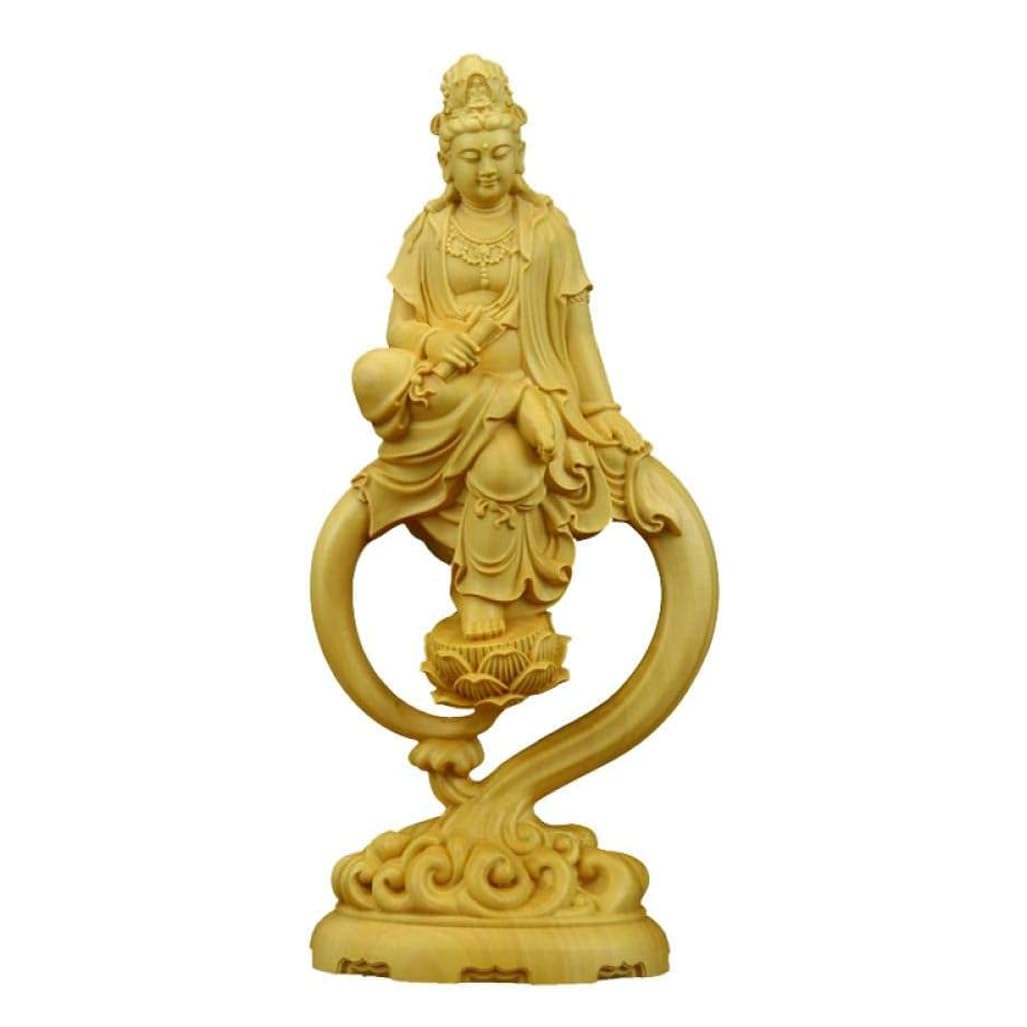 ZHIDAISHI Feng Shui Buddha StatueBoxwood Carvings Avalokitesvara Statues Exquisitely Carved Ornaments Home Decorations Desk Sculpture Buddha