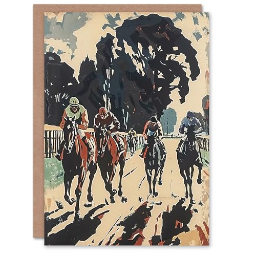Artery8 Horse Racing Scene Modern Artwork Jockeys Bold Greeting Birthday Card Him Her All Blank
