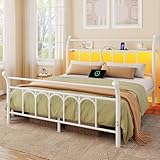 Rolanstar Full Bed Frame with USB Charging Station, LED Bed Frame with Storage Headboard, White Metal Platform Bed with Sleigh Headboard and Footboard, No Box Spring Needed, Noise Free