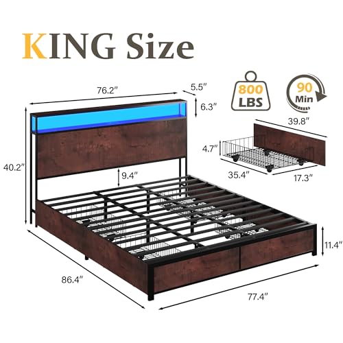 Image of Lifezone King Bed Frame with 2-Tier Storage Headboard, Metal Platform Bed Frame with 4 Storage Drawers, Built in Charging Station & LED, Noise-Free /Metal Support /No Box Spring Needed, Coffee Brown