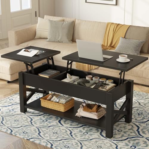 Rolanstar Coffee Table 47.2", 2 Way Lift Top Farmhouse Center Table with Hidden Compartment, Open Shelf & X Wooden Support for Living Room, Black Rolanstar Coffee Table 47.2", 2 Way Lift Top Farmhouse Center Table with Hidden Compartment, Open Shelf & X Wooden Support for Living Room, Black