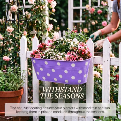 Image of TrustBasket Dotted Oval Railing Planters Basket - Purple (Set of 5) | Heavy-Duty UV Stabilized Metal Flower Pots for Railings, Fence & Balcony, Indoor Outdoor Herb, Flower & Decorative Plants