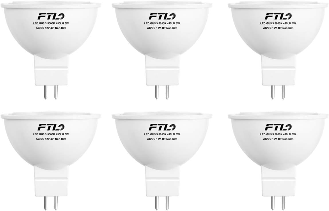 FTL MR16 LED Light Bulbs GU5.3 Cool White 5000K 12V Spotlight Bulbs 5W(50W Halogen Lamp Equivalent) 450LM Bi-Pin Base 40 Degree Beam Angle 6-Pack