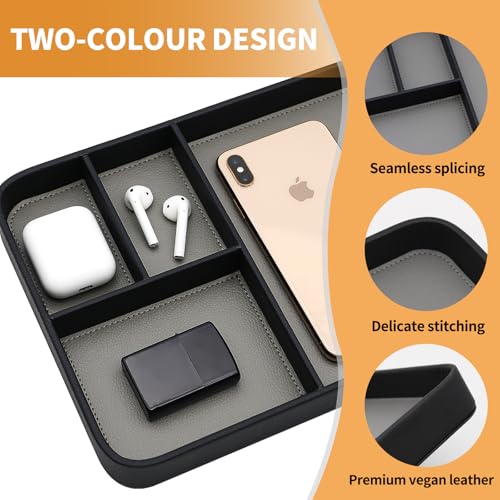 PU Leather Valet Tray, Stylish and Organized Entryway Bedside Desk tray, EDC Catchall Tray for Phone Keys Watch Wallet Jewelry (Black)