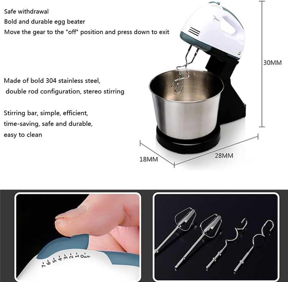 Impastatrice elettrica con Ciotola in Acciaio Inox da 2,5 l, 7 velocità, con Gancio per impastare, Frusta e sbattitore - Impastatrice per cuocere e mescolare