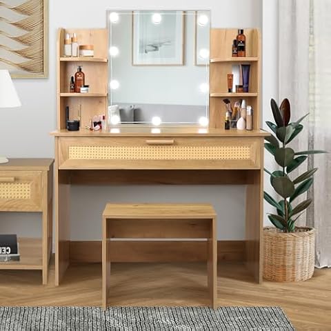 ONME Vanity Desk Set Stool & Dressing Table with LED Lighting Mirror Drawer and Compartments Modern Wood Cosmetic Table Chest of Drawers Nature Color Cover
