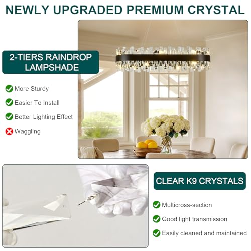 Image of AioTio Modern Crystal Chandelier, L35.4'' Black Rectangle Raindrop Chandelier, 16 Lights Luxury K9 Crystal Oval Ceiling Light Fixture for Kitchen Island, Dining Room, Living Room, Home Office