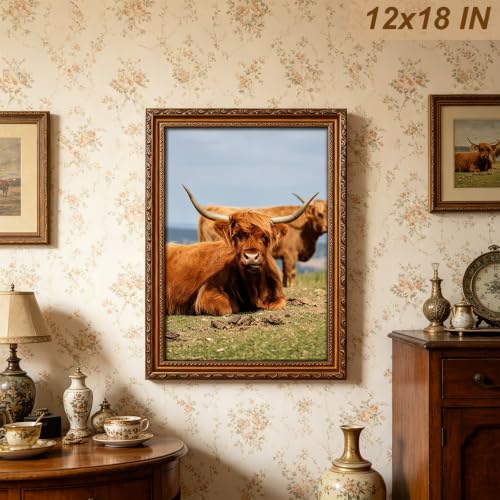 Image of 12x18 Frame Gold Wood Vintage 12 x 18 Frames Ornate | Real Glass, Easy Photo Changes, Wall Hanging, Wall Art