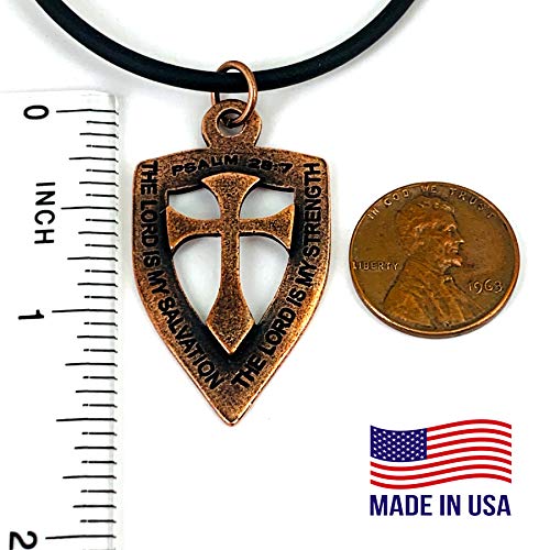 FORGIVEN JEWELRY Cross Shield Antique Copper Metal Finish Lord is My Strength and Salvation Necklace on Black Cord2