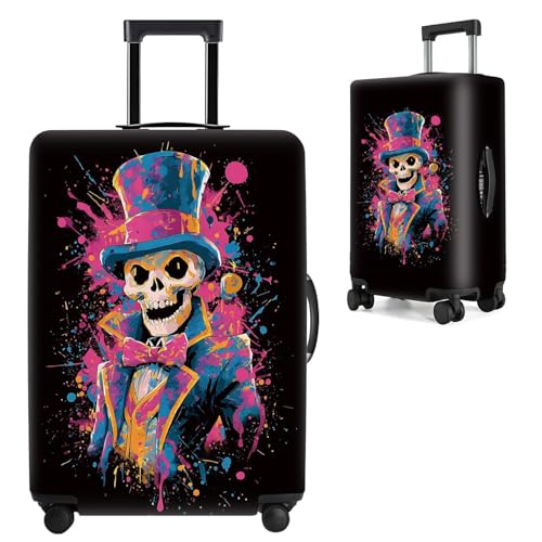 Image of Colorful Skeleton in Top Hat Luggage Cover - Abstract Skull Design Suitcase Protector for 32-34 Inch Luggage,XL