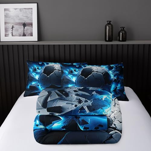 Image of Nttopship Soccer Bedding Comforter Set Full Size for Kids Teens and Adults, Blue Black Football Printed Bedding Sets 3 PCS,Ball Sports Themed Bedroom Decor with 1 Comforter and 2 Pillowcases