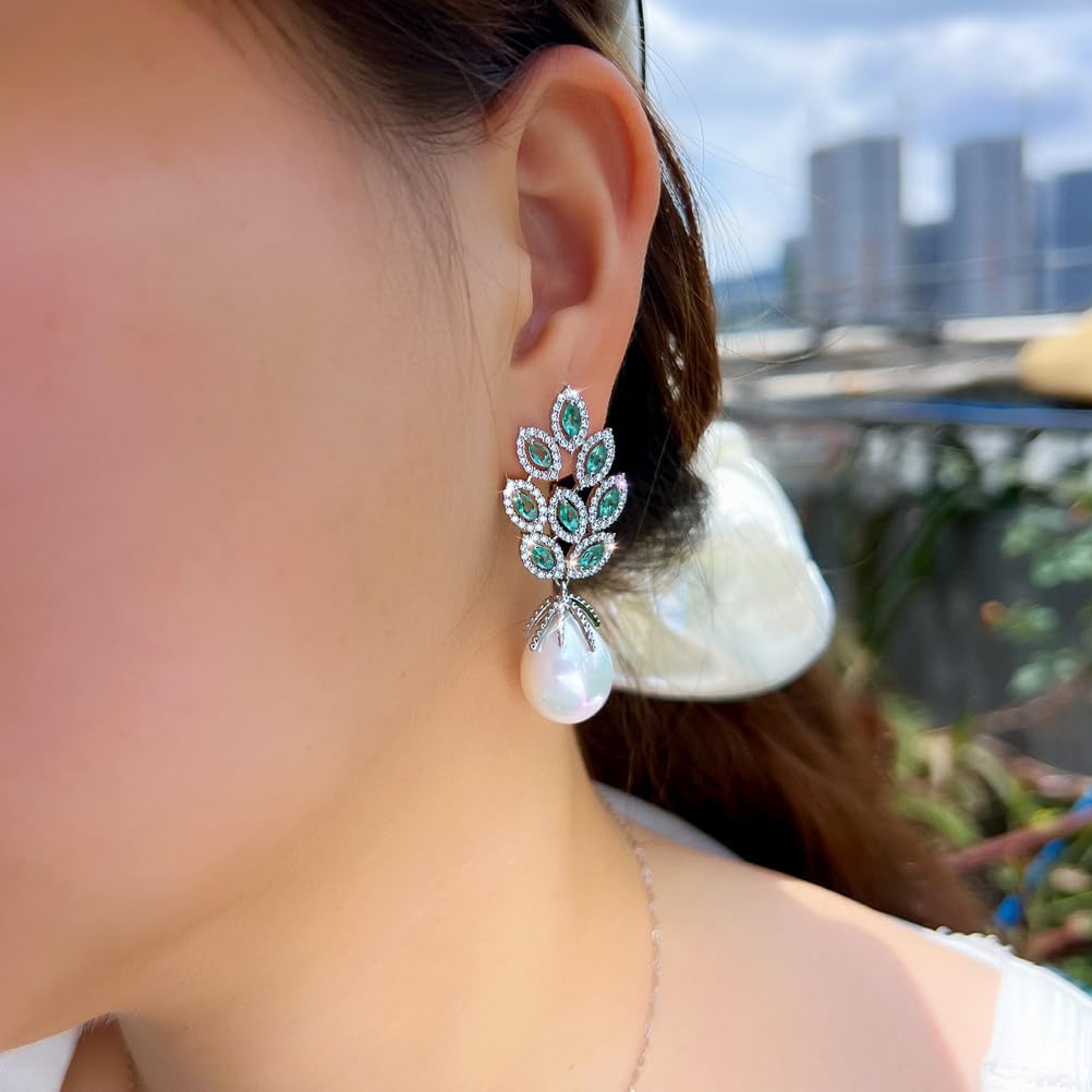 Gorgeous Green Cubic Zirconia Crystal Big Leaf Shape Dangle Pearl Drop Long Earrings For Women Bridal Wedding Party Jewelry