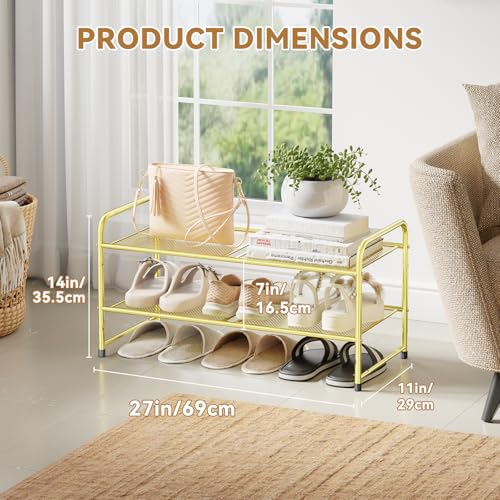 Image of Modern Shoe Rack, 2 Tier Heavy Duty Metal Mesh Shoe Shelf 27 Inch Wide, Gold