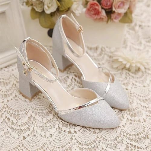 Women's Chunky High Heel Pumps Pointed Toe Ankle Strap Closed Toe Dress Shoes for Wedding Party Occasions2