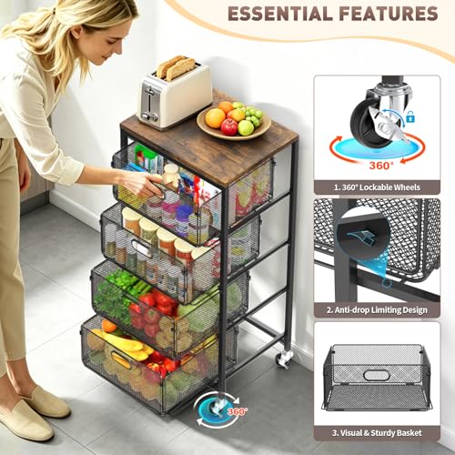 Image of SUNALLY Rolling Kitchen Cart with Drawers, 4-Tier Utility Cart Fruit Vegetable Storage Cart with Lockable Wheels, Wooden Top Metal Kitchen Storage Organizer for Cans, Snacks, Beauty, Craft, Art, Black