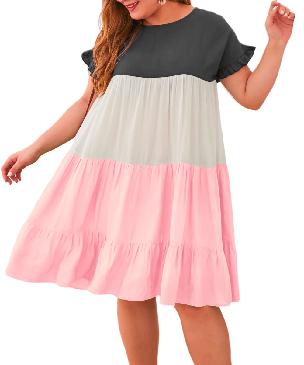 YOXUAWomens Plus Size Dress - Ruffle Short Sleeve Crewneck Color Block Loose Summer Beach Swing Dresses XL-4XL