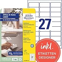 AVERY Zweckform L4737REV-10 Universal Etiketten (270 Klebeetiketten, 63,5x29,6 mm auf A4, wieder rückstandsfrei ablösbar / abziehbar, individuell bedruckbare, selbstklebende Aufkleber) 10 Blatt, weiß