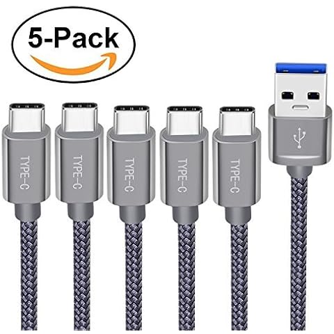 USB-C Cable, Snowkids USB 3.0 USB A to C Cable (5-Pack 3.3ftx3, 6.6ftx1, 1ftx1) Nylon Braided USB C Fast Charger for Google Pixel, LG V30 G6,Nintendo Switch, Samsung Galaxy Note 8, S8, S8 Plus (Grey) Cover