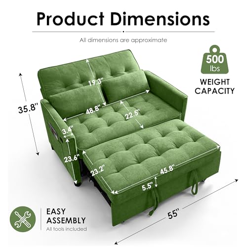 Image of Dreamzie 55'' 3 in 1 Convertible Sofa Bed with USB Charging Ports, Pull Out Couch with Adjustable Backrest and Side Pockets, Sleeper Sofa for Living Room, Apartment, RV, Easy Assembly - Green