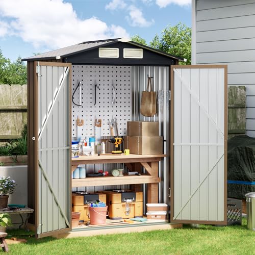 Image of Breezz 5x3FT Outdoor Steel Storage Shed, Lockable Doors, Compact Metal Tool Shed for Garden, Backyard, Patio, Utility, and Bike Storage,Brown