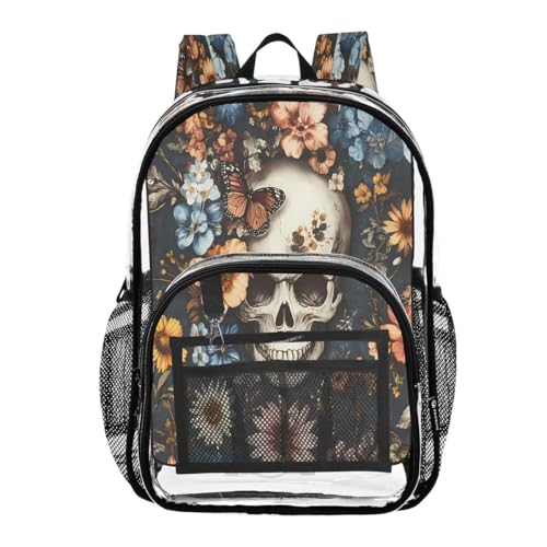 ALAZA Skeleton Flower Skull Blossom Clear Backpack PVC Transparent Bookbag Heavy Duty for Student Boy Girl Kids Adult School Travel Work