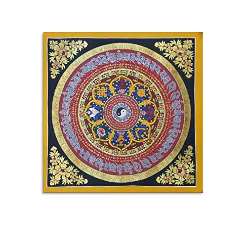 HUIHUO Poster su tela con stampa artistica da parete con mandala Thangka tibetano, omane, padme, hum, mantra, mandala, Thangka, decorazione per la stanza, 30 x 30 cm