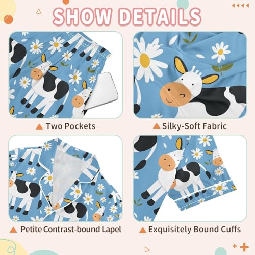 senya Cow with Flower A Satin Summer Pajama Sets Silk Short Sleeve Button Down Sleepwear3