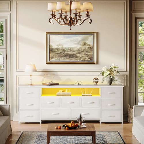 Huuger 63 Inch TV Stand for 65, 70 Inch TV, 11 Drawer Long Dresser with Power Outlets and LED Lights, Entertainment Center with Storage, White Dresser with PU Leather Surface
