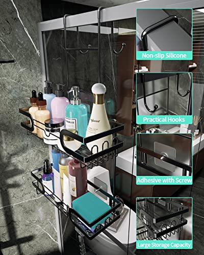 HapiRm Shower Caddy Hanging, Over Door Shower Caddy with Soap and Razor Holder, No Drilling Hook over Shower Caddy for Towel, Bath Ball, Stainless Steel Shower Caddy Black, 4 Adhesives - Image 5