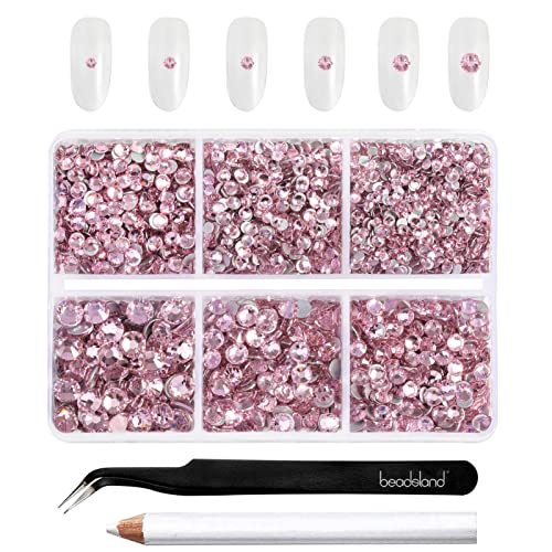 Beadsland 4300pcs Flatback Rhinestones,Pink Rhinestones Nail Gems Round Crystal for Crafts,Mixed 6 Sizes with Picking Tweezers and Wax Pencil Kit