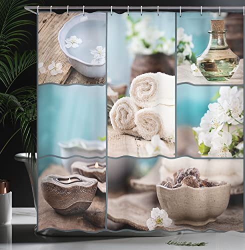 ABAKUHAUS Spa Shower Curtain, Far East Close to Your Heart Massage Theme Collage Oils Candles Flowers Print - Image 3