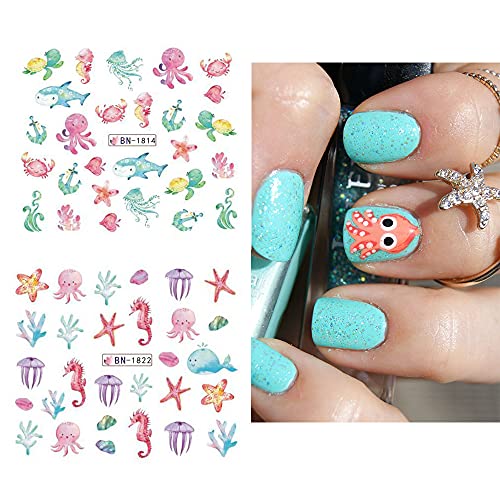 12 Pcs Ocean Animal Art Nail Sticker Summer Nail Water Decals Starfish Dolphin Shark Seahorse Coral Reef Seaweed Sticker Sea Life Nails Art Transfer Slider Diy Nail Design Accessories Supplies #TOP2