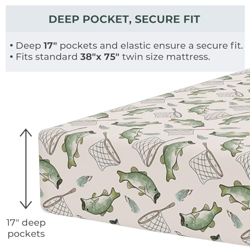 Image of Pobibaby Twin Sheet Set Kids, 3-Piece, Cotton Blend (Gone Fishing) | Kids Bed Sheet Set, 3-Piece, Fitted Sheet, Flat Sheet, Pillowcase, Cotton Blend, Deep Pockets, Soft, Machine Wash, Seasons