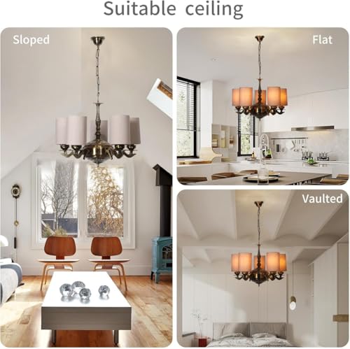 Image of Devansh 05 Lights Grey Round Cotton Shade with Antique Golden Chandelier