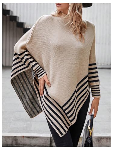 MakeMeChic Women's Winter Sweaters 2024 Poncho Sweater Striped Mock Neck Dolman Sleeve Asymmetrical Sweaters Top3