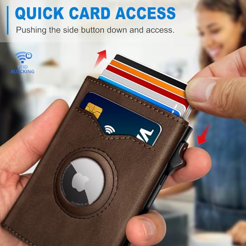 Image of miyozi Airtag Wallet for Men,with Cash Pocket 2 ID Window 9-12 Cards,Metal Case Smart Slim Pop Up Credit Card Holder Flip with Magnetic Closure RFID Blocking Trifold wallet with Gift Box