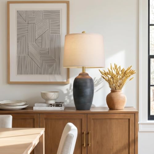 Vortether 24.5 Vintage Ceramic Table Lamp Single-Rustic Boho Accent Nightstand Lamps for Bedroom Living Room Entryway-Small Textured Bedside Lamps Modern Farmhouse Table Lamps for Home Decor Black