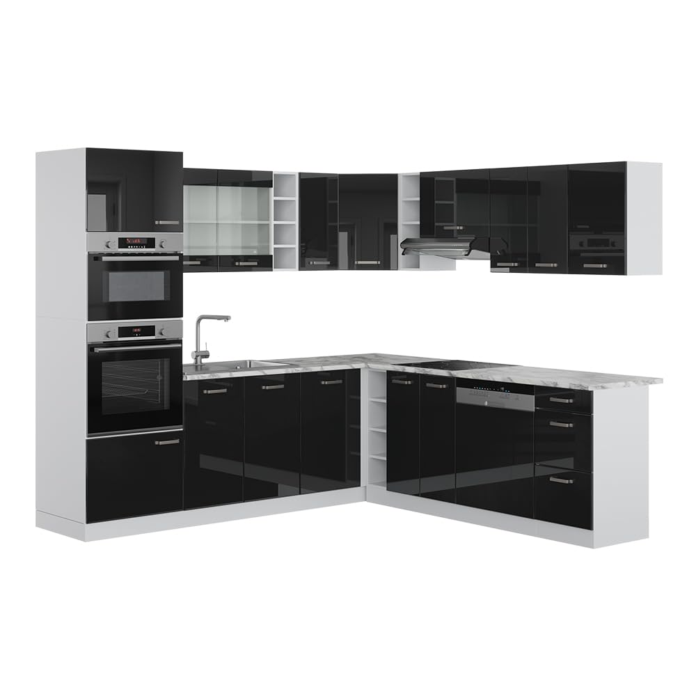 Vicco Cucina angolare completa R-Line, Nero lucido/Bianco, 247 x 237 cm